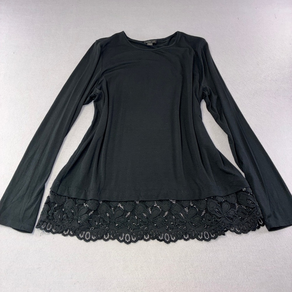 J. Jill Wearever Top Women Medium Black Excellent Lace Trim Long Sleeve Crewneck